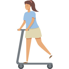 Young Woman Riding A Scooter With Tan Skirt And Blue T Shirt On A Transparent Background