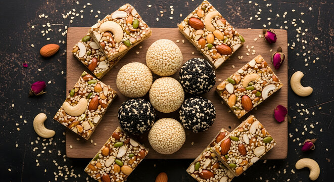 Top view of traditional Makar Sankranti sweets til ladoo and mixed nut chikki on wooden board with scattered seeds and rose petals. For menu, banner, poster - Indian winter harvest festival