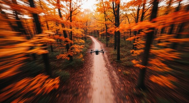 Drone flying through autumn forest path with vibrant orange foliage