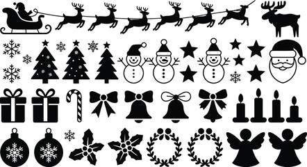 Naklejka premium Collection of black Christmas holiday icons and silhouettes on white background vector
