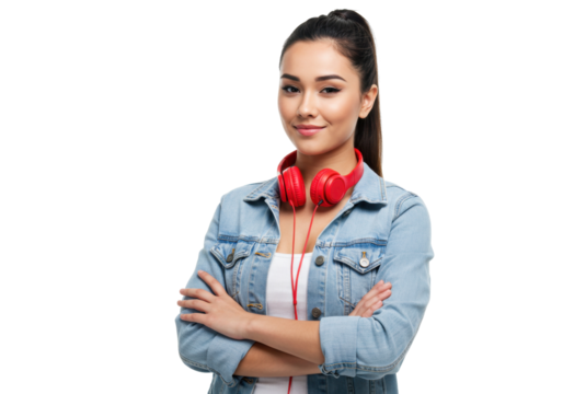 Smiling young woman with red headphones isolated on white, stylish girl in denim jacket with arms crossed for fashion and lifestyle