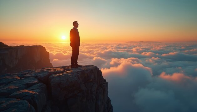Businessman stands on rock cliff looking at sunset over fluffy clouds. Observes horizon, thinking about future success. Man achieved peak, contemplates next steps, new opportunities, leadership,