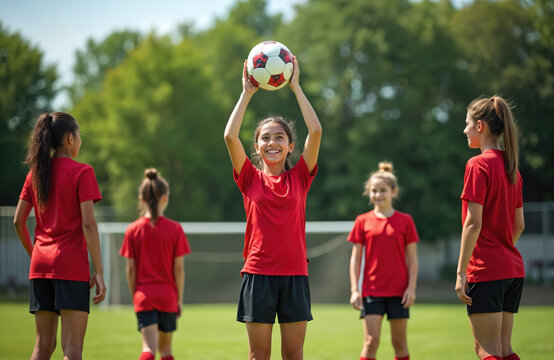 Group of teen girls in red uniform. Girl holds up a ball and smile. They train on soccer field. Team plays sport on summer lawn. Youth involved in competition.