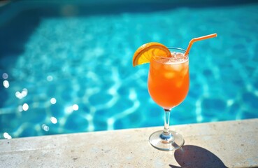 Orange cocktail with ice and orange slice sits on pool edge. Blue water gleams in sunlight, perfect for summer vacation drinks or relaxation. A refreshing beverage for poolside leisure.