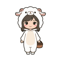 Fototapeta premium Cute cartoon girl with short dark brown hair wearing a white sheep costume and holding a small brown basket on a clean white background.
