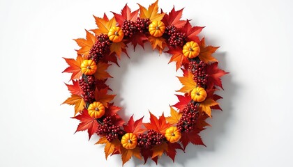 Autumn leaf wreath with small pumpkins, berries on white background. Fall decoration made of red orange leaves. Handmade wreath with vibrant foliage, fruits. Thanksgiving holiday decor with natural