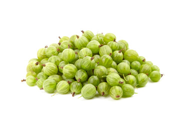 Fresh green gooseberries piled together on a white background, showcasing their vibrant color and smooth texture, representing healthy eating and natural produce