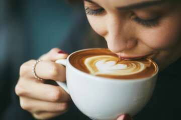 Close-up of a woman drinking coffee with latte art enjoying the aroma and taste perfect for coffee shop promotions and lifestyle content