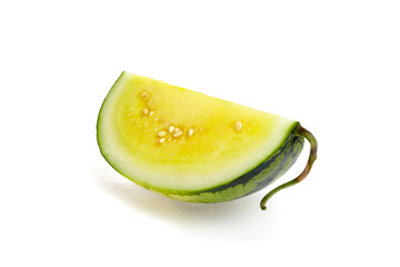 Fresh yellow watermelon slice showcasing vibrant color and unique texture, with visible seeds and smooth rind, perfect for summer fruit displays and healthy eating concepts