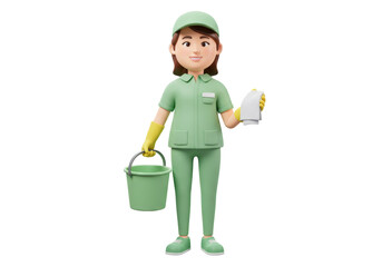 Cartoon cleaning lady with bucket and rag isolated PNG, 3D rendering of a woman in uniform ready to clean for housekeeping and service