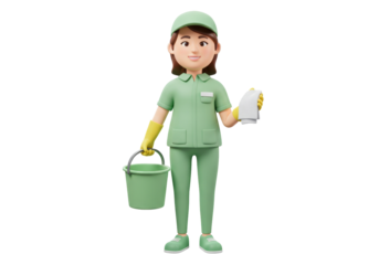 Cartoon cleaning lady with bucket and rag isolated PNG, 3D rendering of a woman in uniform ready to clean for housekeeping and service