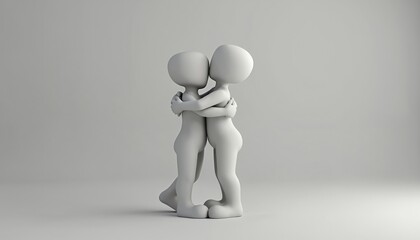 Two simplified white figures embrace in warm hug on clean light grey backdrop. Stand close, showing connection, unity. Image represents friendship, support. Simple, abstract representation of human