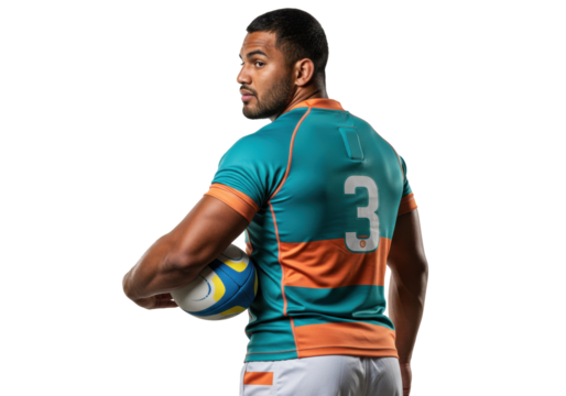 Rugby player in teal and orange jersey isolated PNG, athlete holding ball looking over shoulder on transparent background