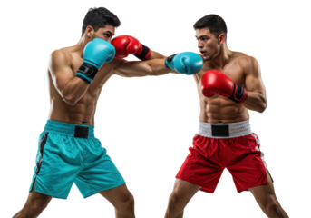 Two muscular men boxing isolated PNG on transparent background, professional fighters in action with red and blue gloves, competitive sport