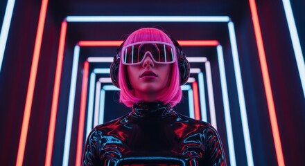 Futuristic neon art: female in bright wig and sunglasses, immersed in vivid led tunnel