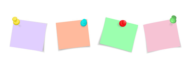 Set of paper notes on pins. Paper stickers, notes on pins. Paper notebook sheets fastened with pins, Vector collection for design