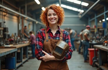 Young red haired woman smiles at camera in workshop setting. Wears plaid shirt, apron, holds welding helmet. Workers busy in industrial background. Shows female empowerment, modern skilled labor.