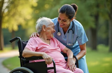 Indian nurse assists senior female patient using wheelchair in park. Happy elderly woman smiles during outdoor care. Healthcare worker with stethoscope comforts old lady in summer sunshine.