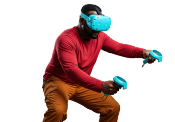 Enthusiastic African man with VR headset and controllers isolated PNG, experiencing virtual reality for gaming and immersive technology