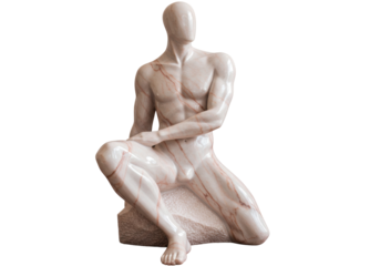 Elegant marble statue of a seated nude man isolated PNG, classical sculpture on transparent background, art object for design projects
