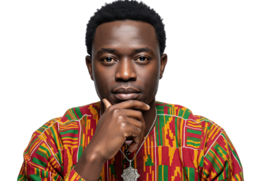 Thoughtful African man in colorful shirt isolated PNG, portrait of a young adult with hand on chin on transparent background