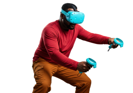 Enthusiastic African man with VR headset and controllers isolated PNG, experiencing virtual reality for gaming and immersive technology