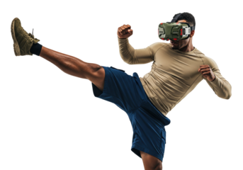 Athletic man wearing VR headset kicking isolated PNG, virtual reality fitness and gaming on transparent background