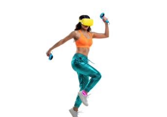 Energetic woman with VR headset and controllers isolated PNG, fitness and active lifestyle concept for virtual reality and gaming