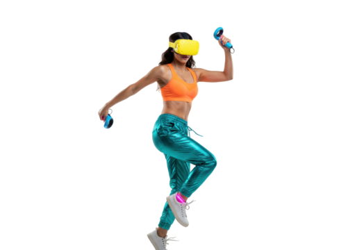Energetic woman with VR headset and controllers isolated PNG, fitness and active lifestyle concept for virtual reality and gaming
