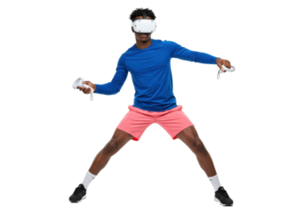 Man wearing VR headset with controllers isolated PNG on transparent background, virtual reality gaming and immersive experience