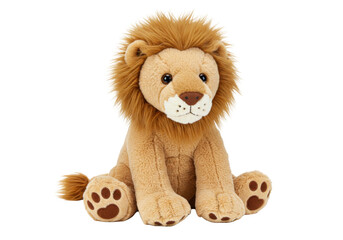 Cute lion plush toy isolated PNG on transparent background, cuddly stuffed animal for kids and decoration