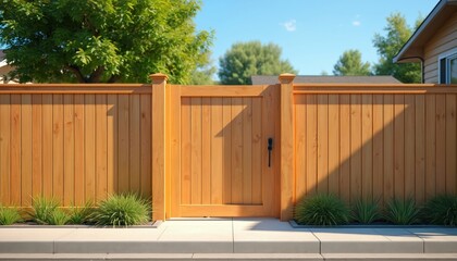 Obraz premium New brown wooden fence protects private property. Lawn grass, tree, sky at background. Barrier separates estate. Security fence, protection, safety at house backyard garden in suburb.