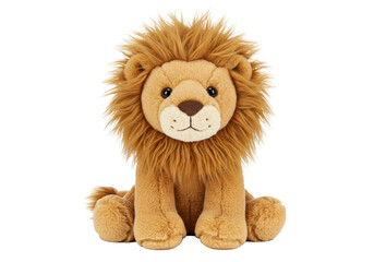 Cute lion plush toy isolated PNG on transparent background, cuddly stuffed animal for kids and nursery decor