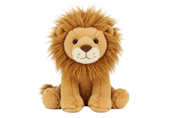 Cute lion plush toy isolated PNG on transparent background, cuddly stuffed animal for kids and nursery decor