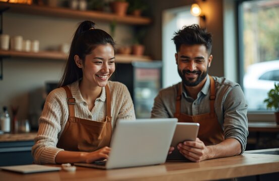 Two cafe owners, an Asian woman and an Indian man, review sales data on laptop and tablet. They smile as they plan shop operations before closing time.