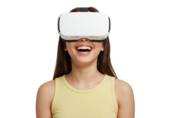Smiling young woman wearing a VR headset isolated on transparent background PNG, virtual reality technology for gaming and entertainment
