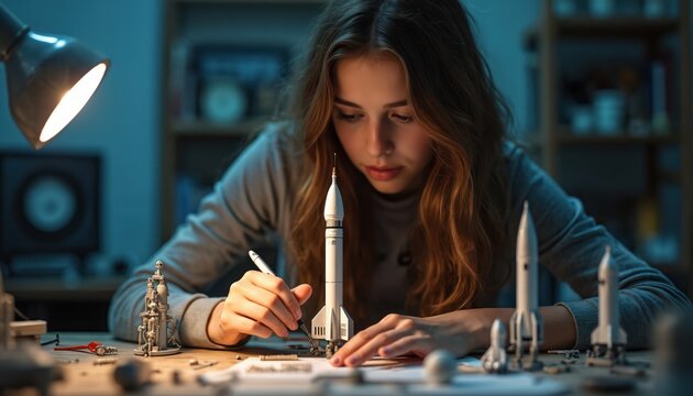 Young girl builds model rocket on table with various parts and tools. She assembles rocket components with screwdriver. Female child creates miniature space rocket in workshop with lamp light.