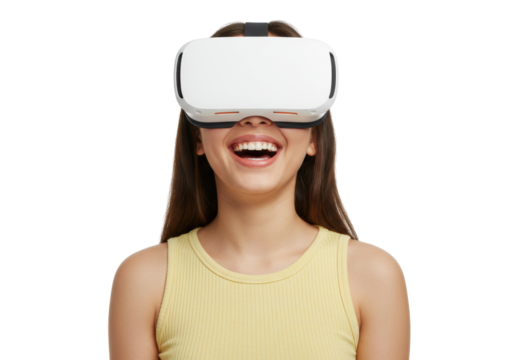 Smiling young woman wearing a VR headset isolated on transparent background PNG, virtual reality technology for gaming and entertainment