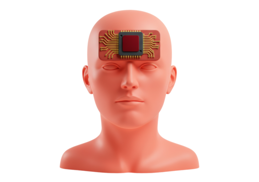 Human head with computer chip isolated PNG on transparent background, artificial intelligence concept for technology and future