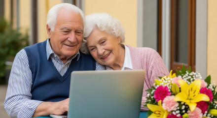 Happy elderly couple looks at laptop together celebrating technology and enduring love