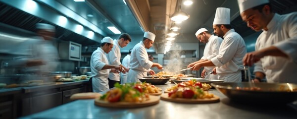 Chefs in white coats work busily in kitchen preparing food. Steam rises from pans. Meals are plated. Teamwork is evident in fast paced restaurant setting. Focus on food and chefs.