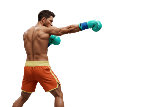 Muscular boxer punching isolated on transparent background PNG, athletic man with boxing gloves in action, fitness and combat sports - Powered by Adobe