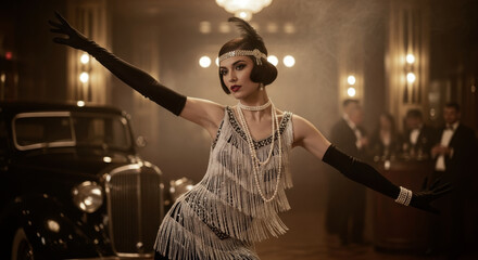 Roaring Twenties scene an elegant flapper dances with passion and glamour between a vintage car and a luxurious club evoking the euphoria of a golden age