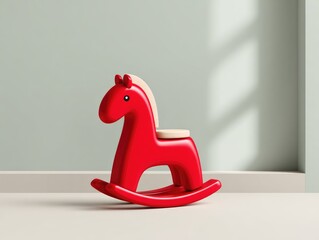 A children's rocking toy, a red wooden horse, on a light background. Handmade toy store banner