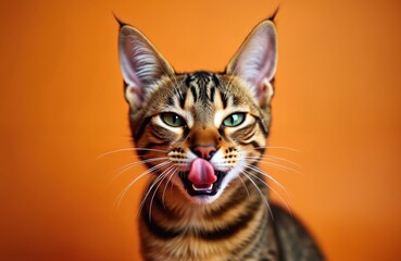 Obraz premium Bengal cat portrait with green eyes and spotted fur. Feline licks lips with tongue out on orange studio background. Animal makes funny face, ready for treat.