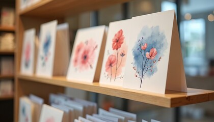 Handmade greeting cards with floral art displayed on wooden shelf. Stationery items with watercolor flowers and nature designs available for sale in shop.