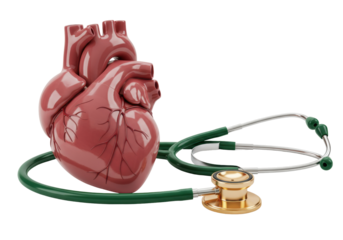 Anatomical heart model with stethoscope isolated PNG, medical equipment for healthcare and cardiology on transparent background