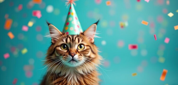 Orange cat wears party hat on blue background with confetti. Feline celebrates birthday. Cat looks surprised. Whiskers, ears up. Colorful confetti falls down. Happy birthday kitten with hat. Cat in