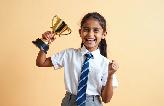 Young Indian schoolgirl in uniform holding golden trophy and smiling. Happy female student with victory cup on beige background. Cheerful teenage girl celebrating success in education.