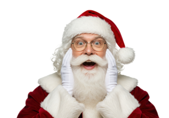Surprised Santa Claus with hands on cheeks isolated PNG, happy excited expression for Christmas holiday season design